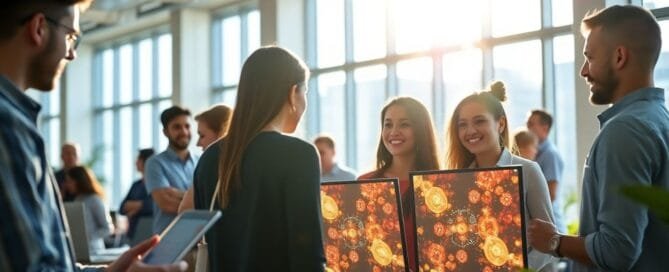 Young professionals working in a bright, modern office on digital marketing.