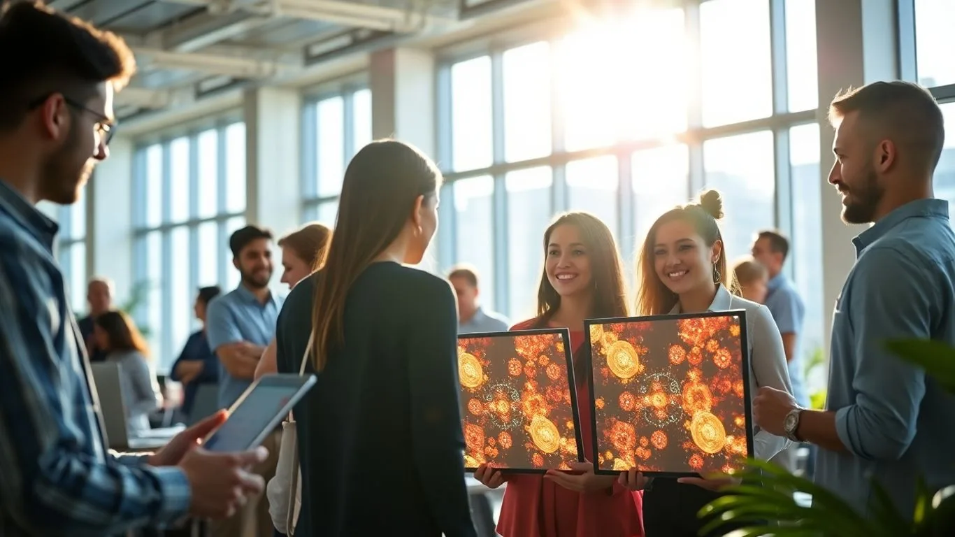 Young professionals working in a bright, modern office on digital marketing.