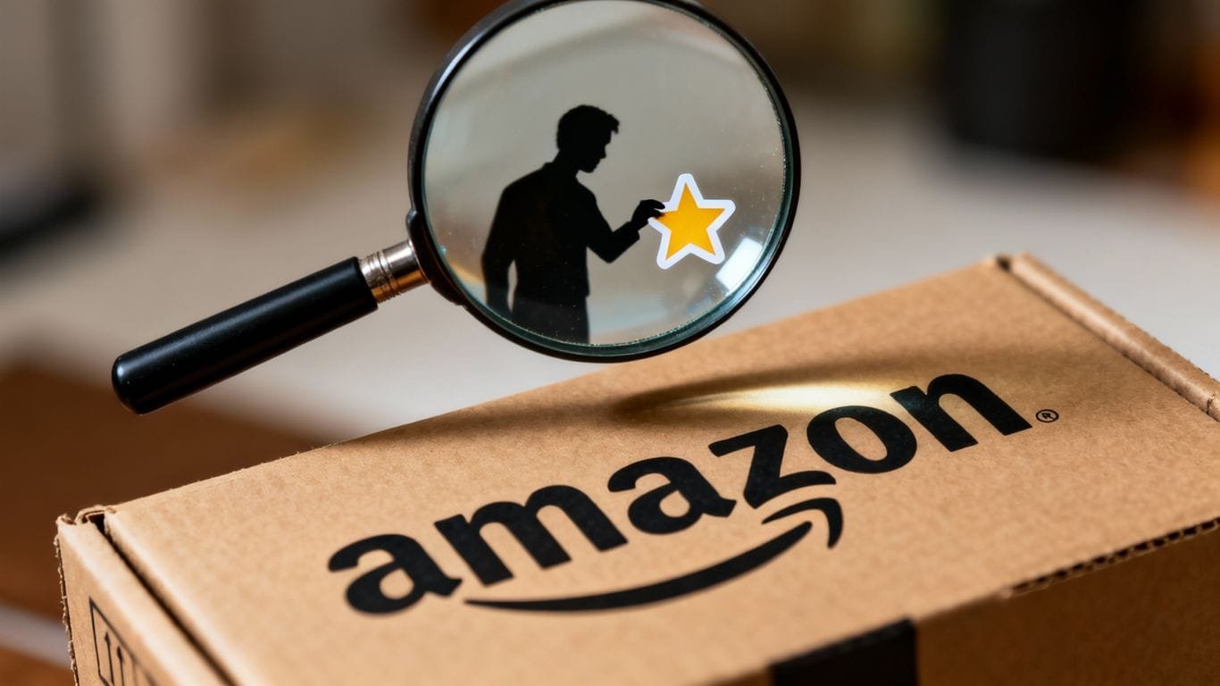 Amazon product with magnifying glass and shadowy figure.