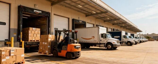 Amazon shipping dock with forklifts and trucks.