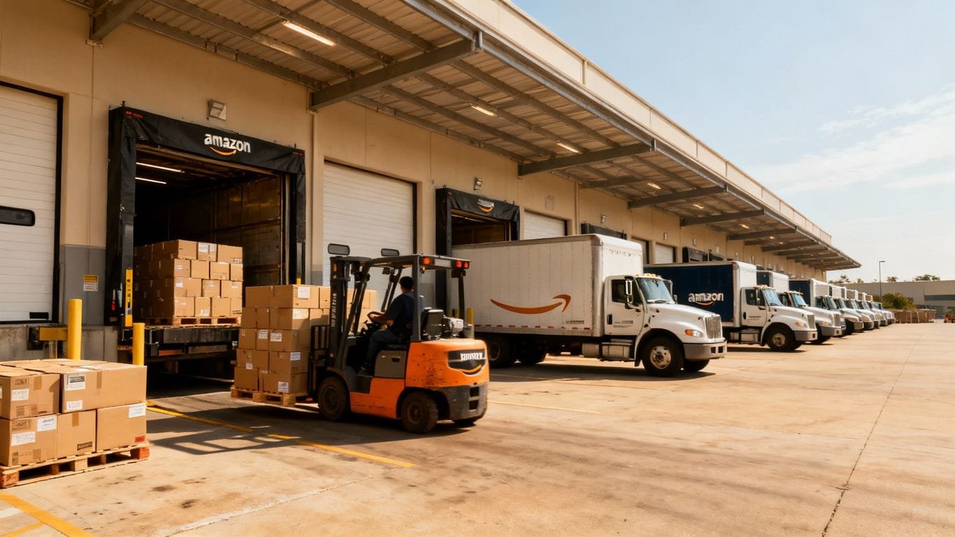 Amazon shipping dock with forklifts and trucks.