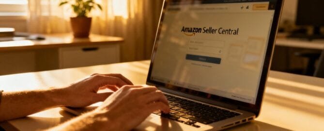 Amazon Seller Central login page on a laptop screen.