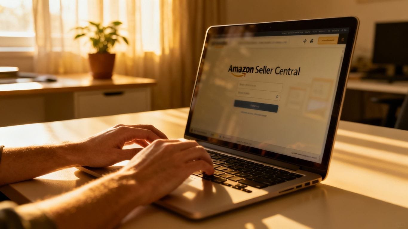 Amazon Seller Central login page on a laptop screen.