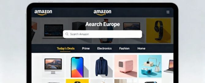 Amazon Europe homepage with products and search bar.