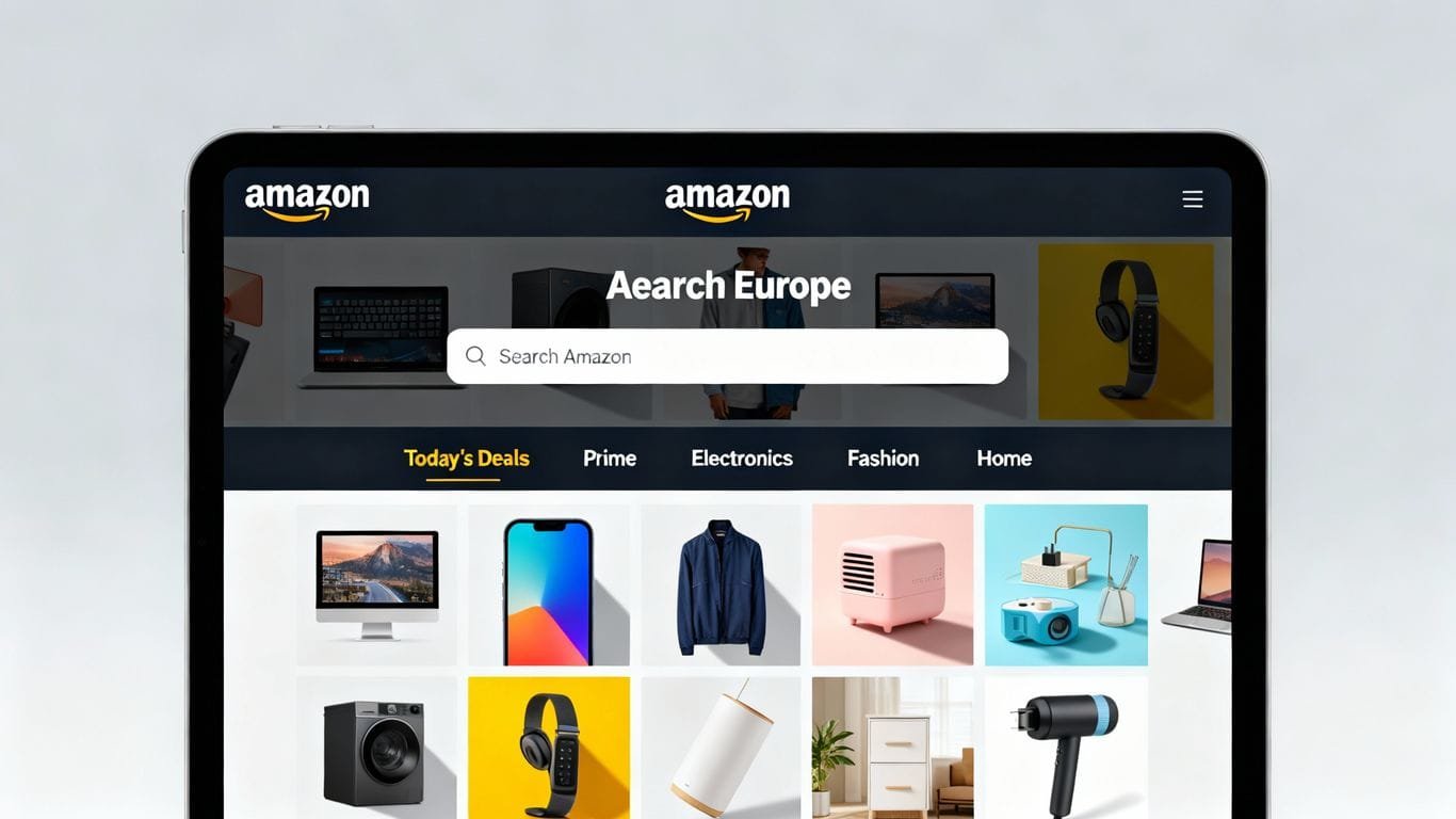 Amazon Europe homepage with products and search bar.