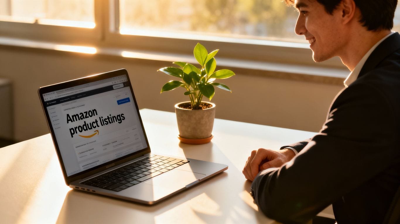 Amazon seller managing products on a laptop.