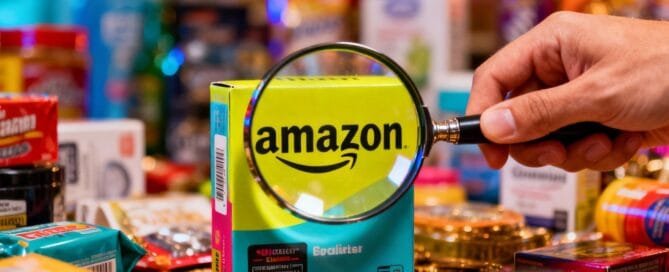 Magnifying glass over Amazon products, finding best sellers.