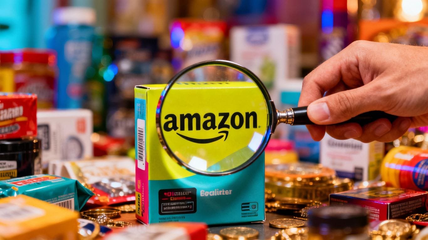 Magnifying glass over Amazon products, finding best sellers.