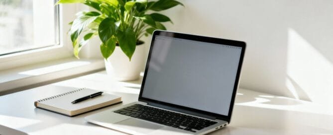 Laptop with product research tool interface on desk.