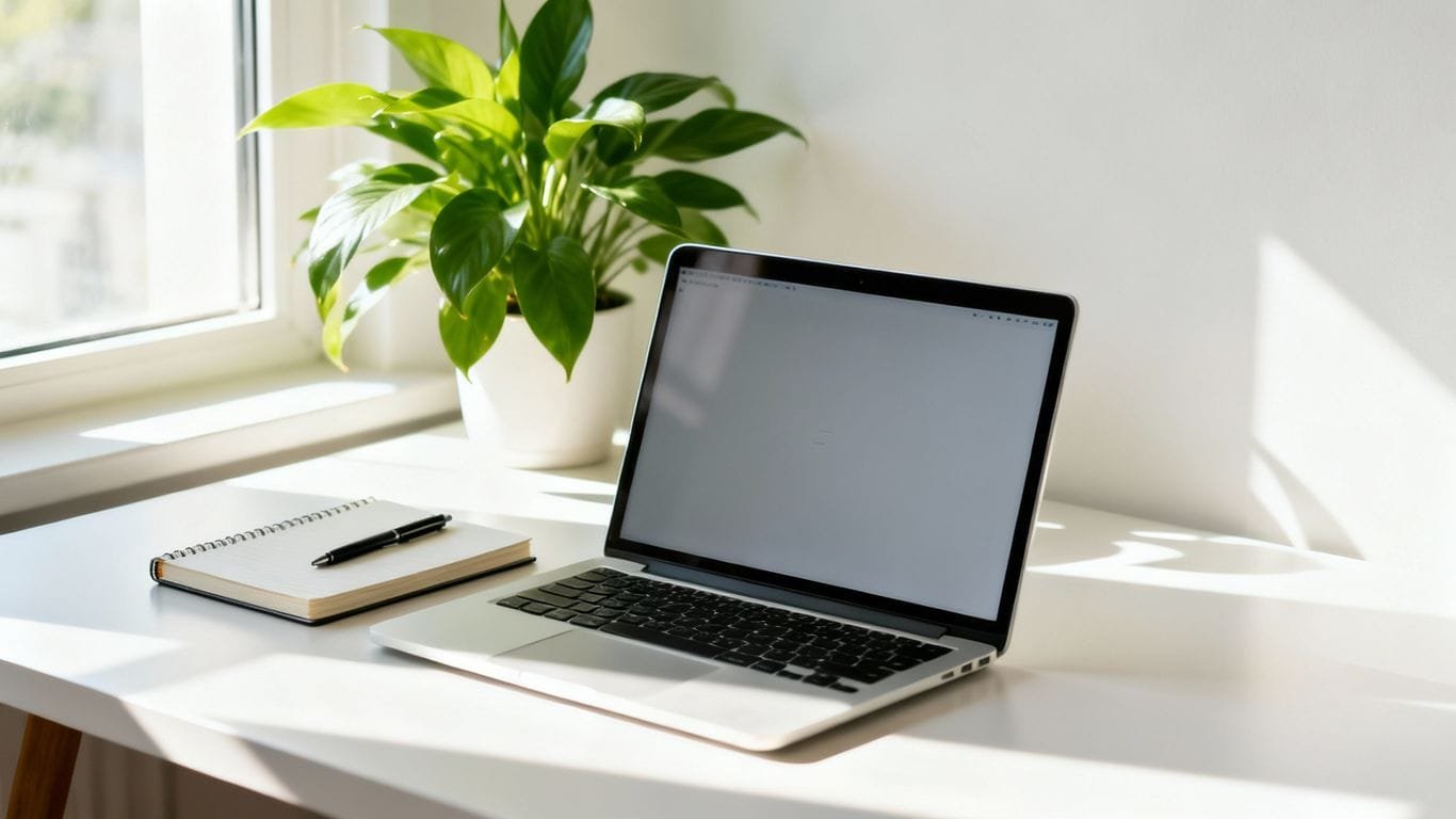 Laptop with product research tool interface on desk.