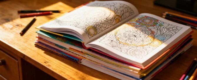 Colorful coloring books stacked, ready for sale on Amazon.