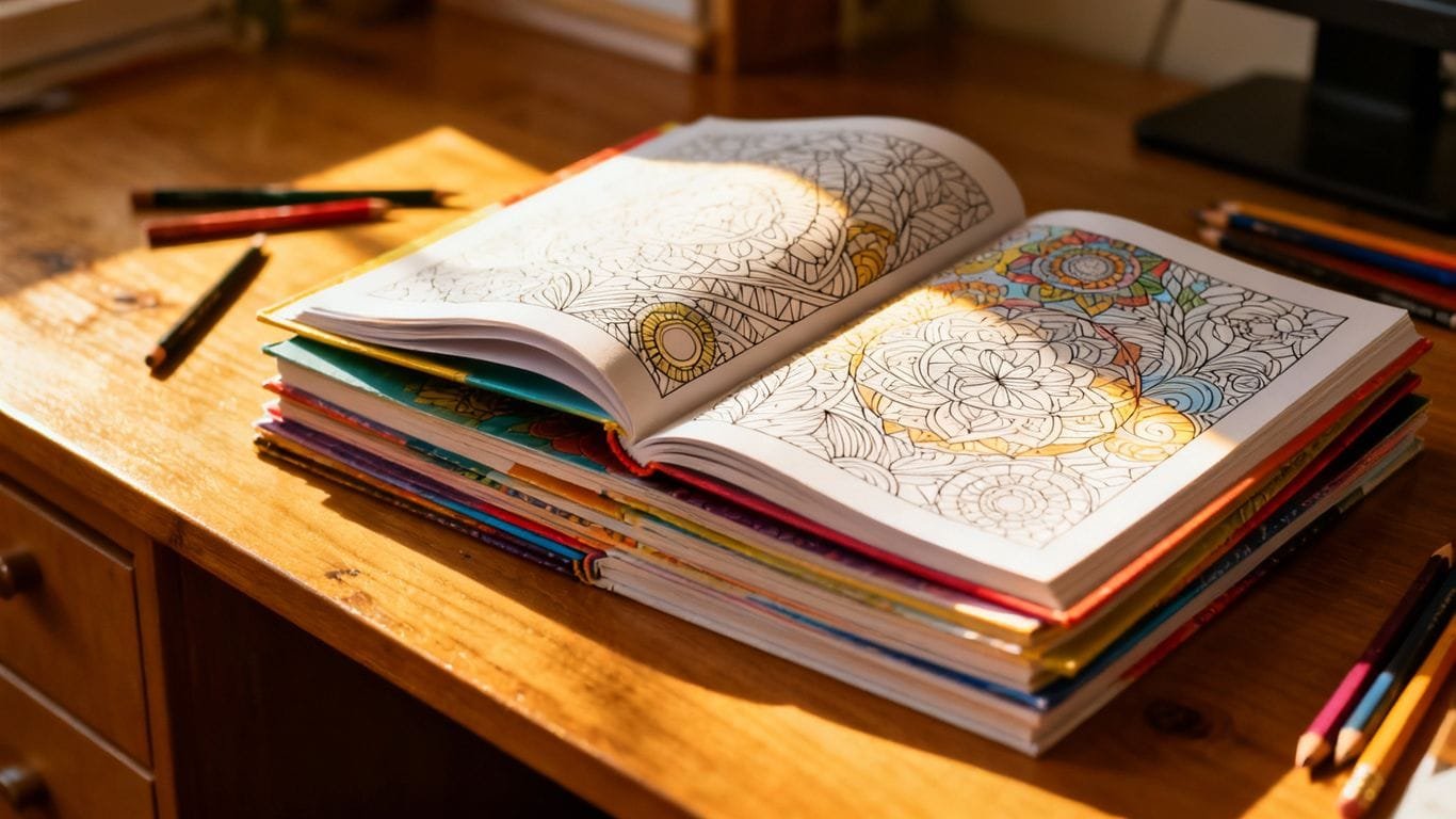 Colorful coloring books stacked, ready for sale on Amazon.