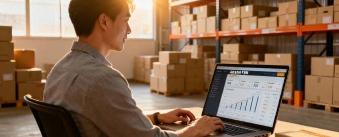 Seller managing Amazon FBM account in a warehouse.