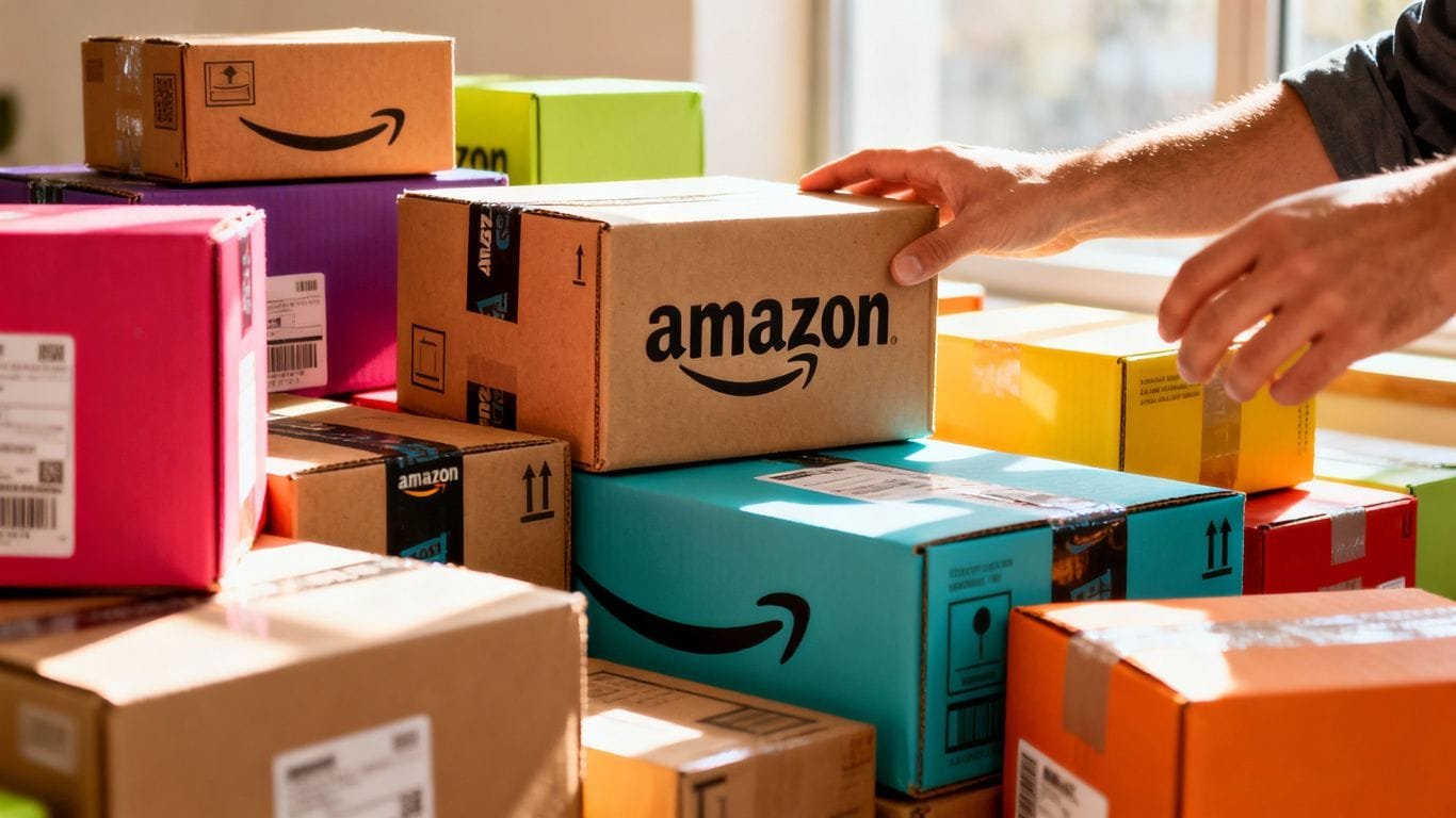 Hands arranging colorful Amazon product boxes for sales.