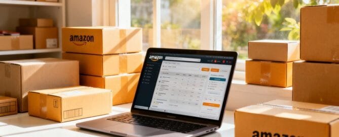 Starting an Amazon selling business with product boxes and laptop.