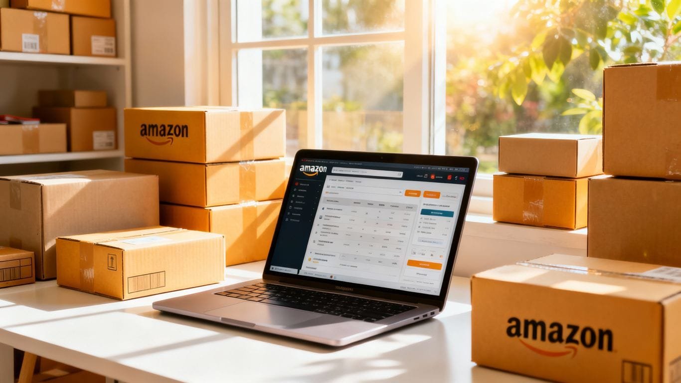Starting an Amazon selling business with product boxes and laptop.