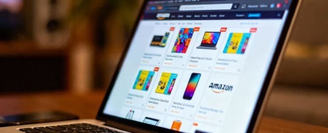 Amazon product database on a laptop screen.