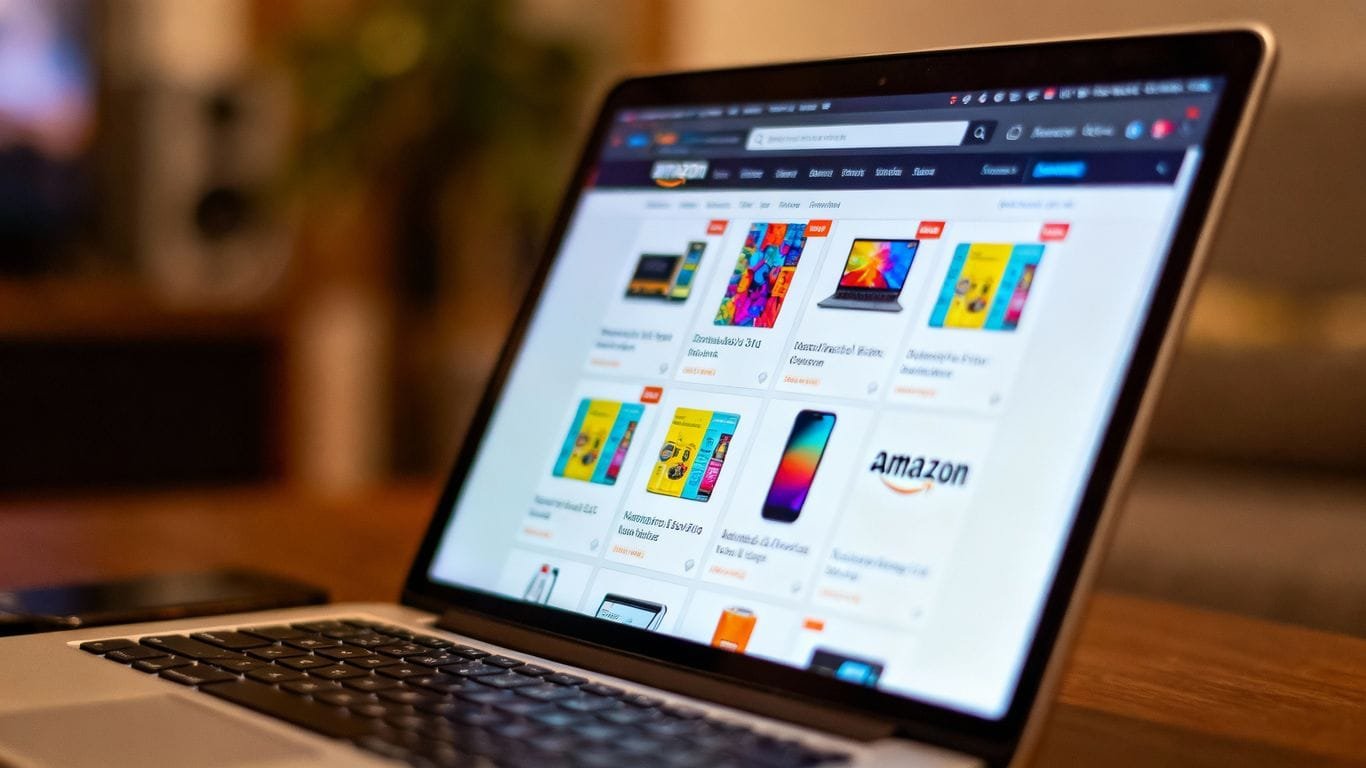 Amazon product database on a laptop screen.