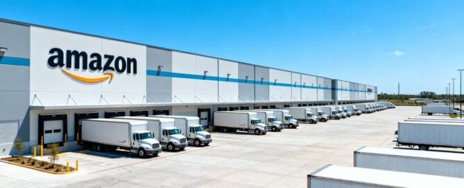 Amazon warehouse exterior with delivery trucks.