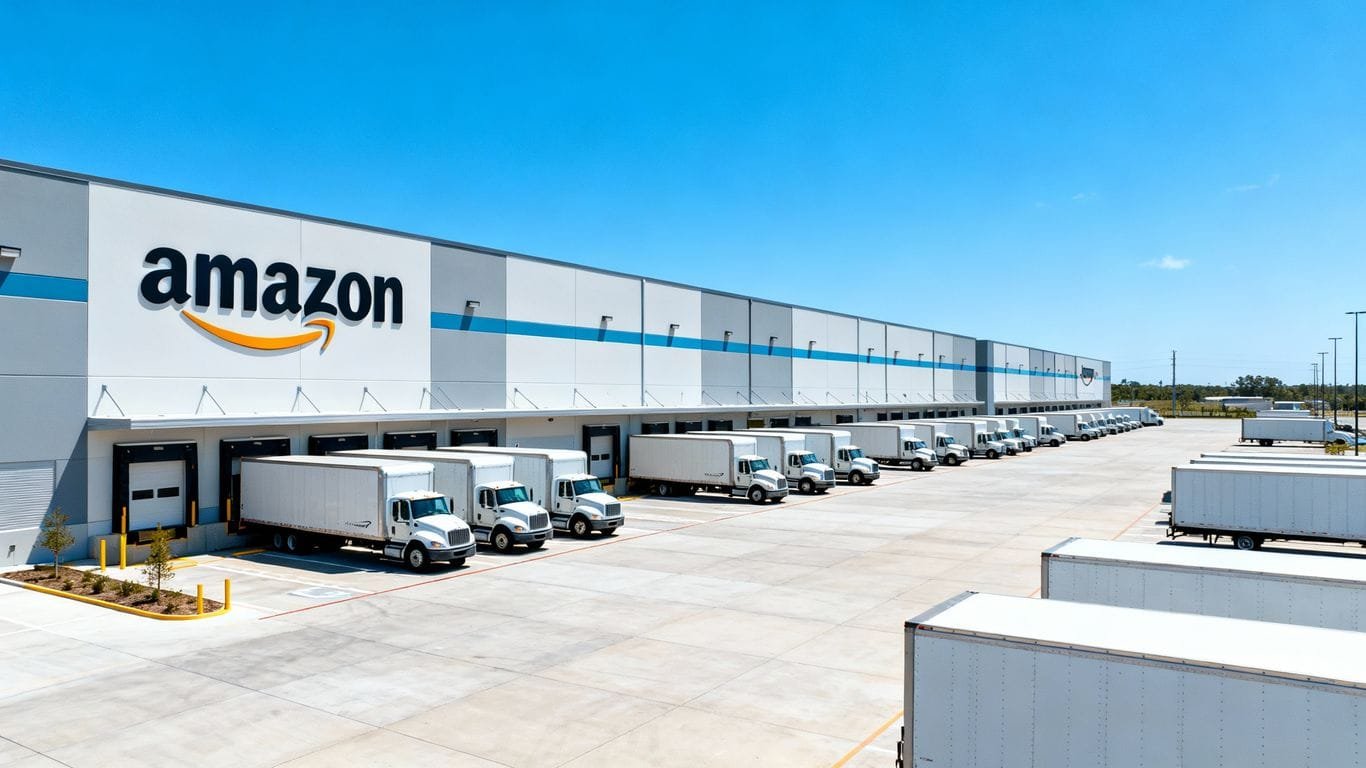 Amazon warehouse exterior with delivery trucks.