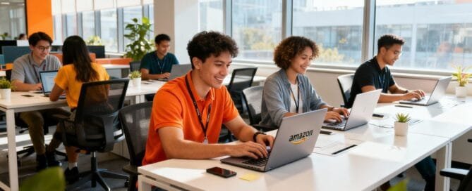 Amazon sellers working on laptops in a bright office.