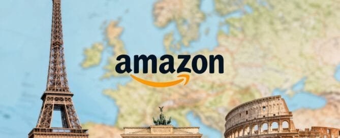 European landmarks and Amazon logo on a map.