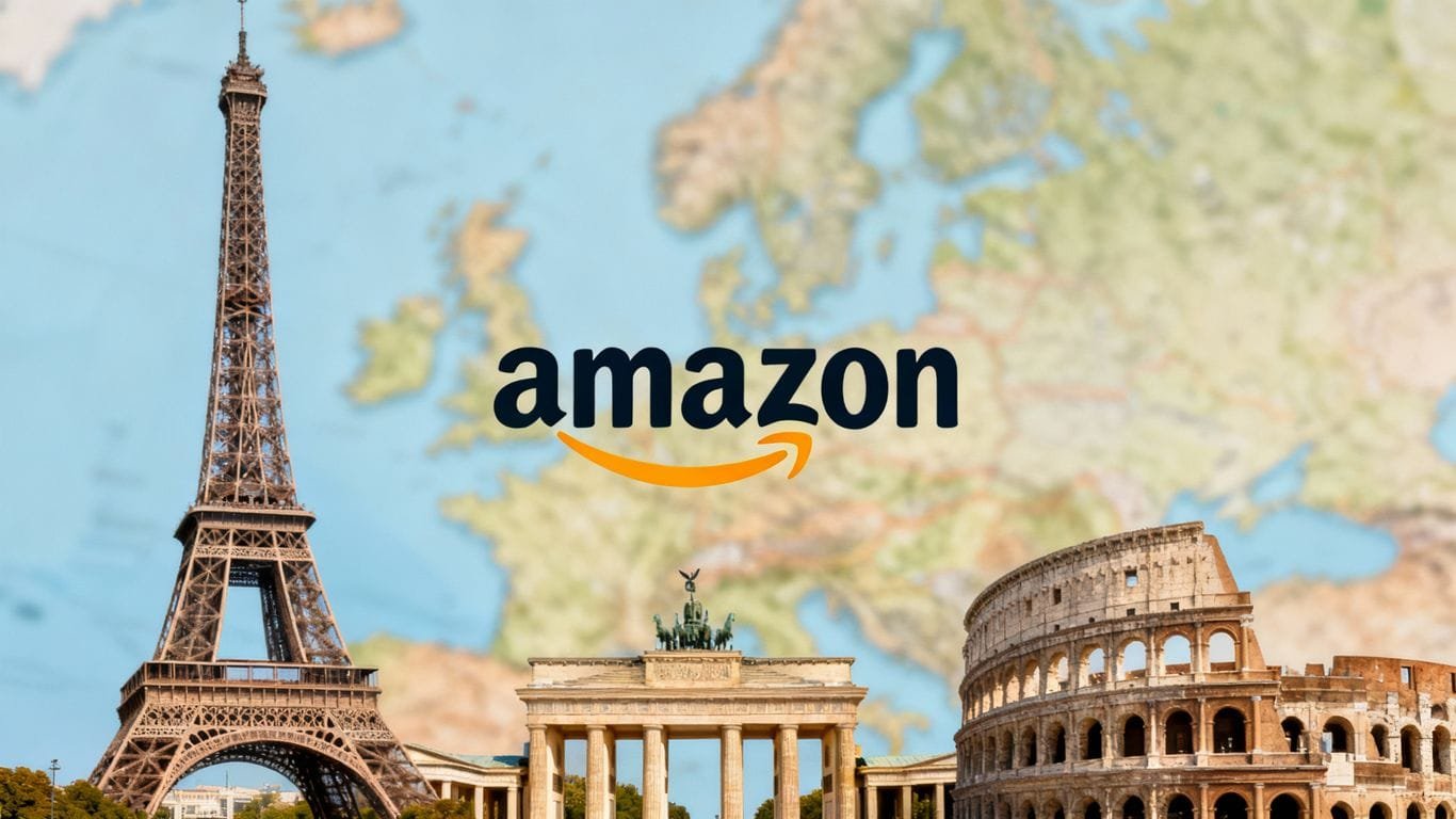 European landmarks and Amazon logo on a map.