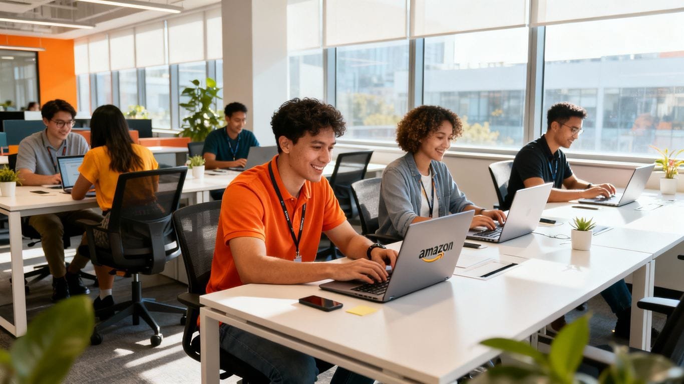 Amazon sellers working on laptops in a bright office.