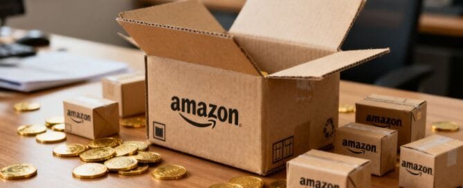 Amazon packages and coins on desk close-up