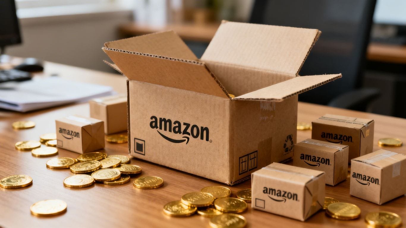 Amazon packages and coins on desk close-up
