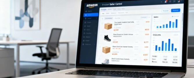 Amazon Seller Central dashboard on a laptop screen.