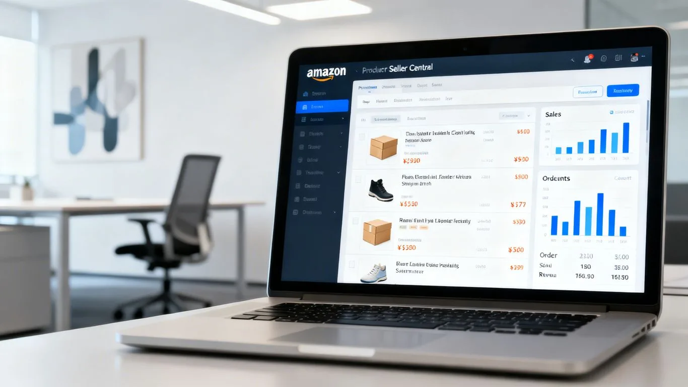 Amazon Seller Central dashboard on a laptop screen.