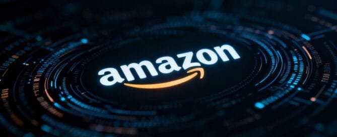 Amazon logo with futuristic digital patterns