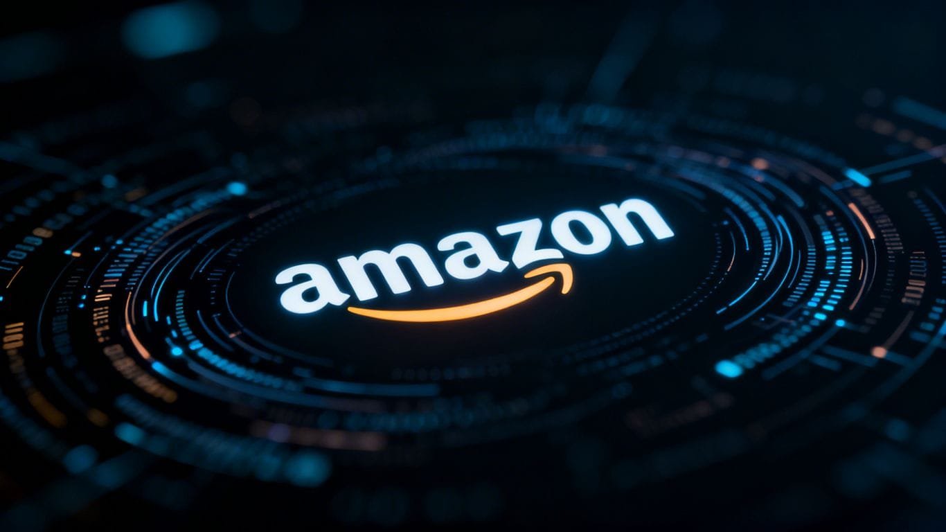 Amazon logo with futuristic digital patterns