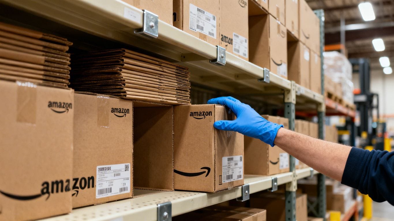 Amazon warehouse shelves with boxes and hand