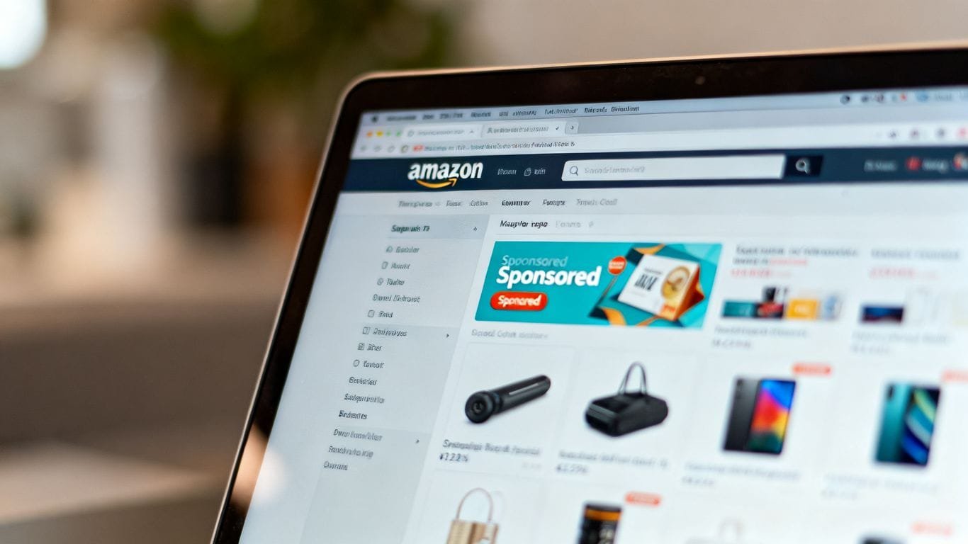 Amazon sponsored product listings on a laptop screen.