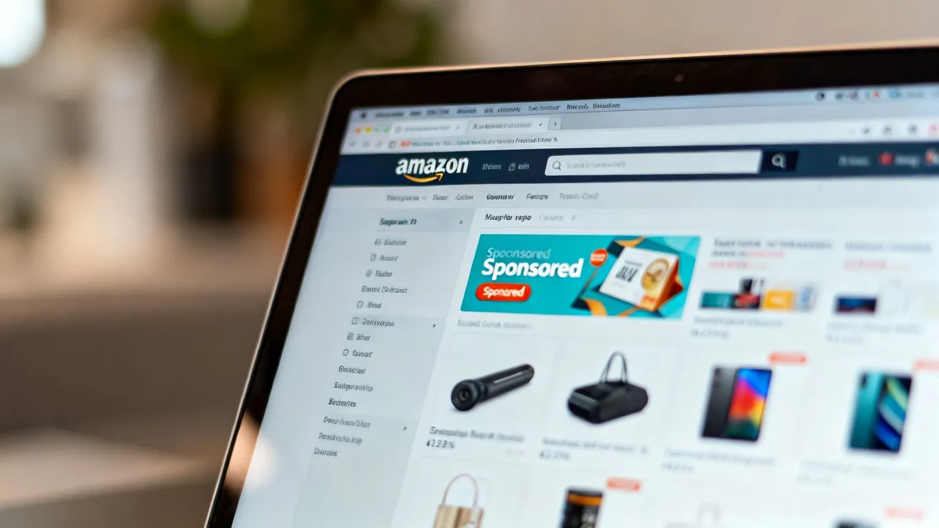 Amazon sponsored product listings on a laptop screen.