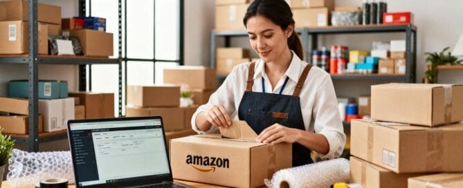 Amazon seller packing boxes in home office