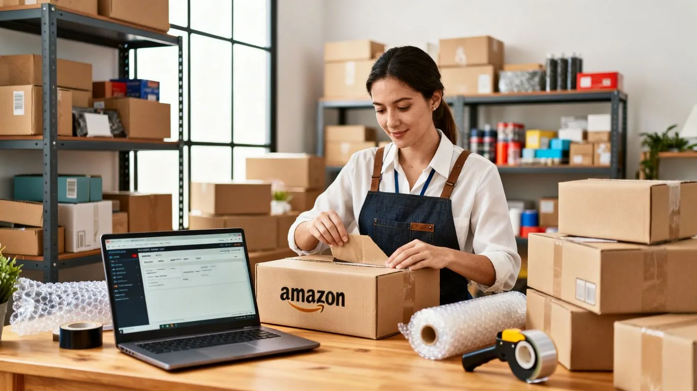 Amazon seller packing boxes in home office
