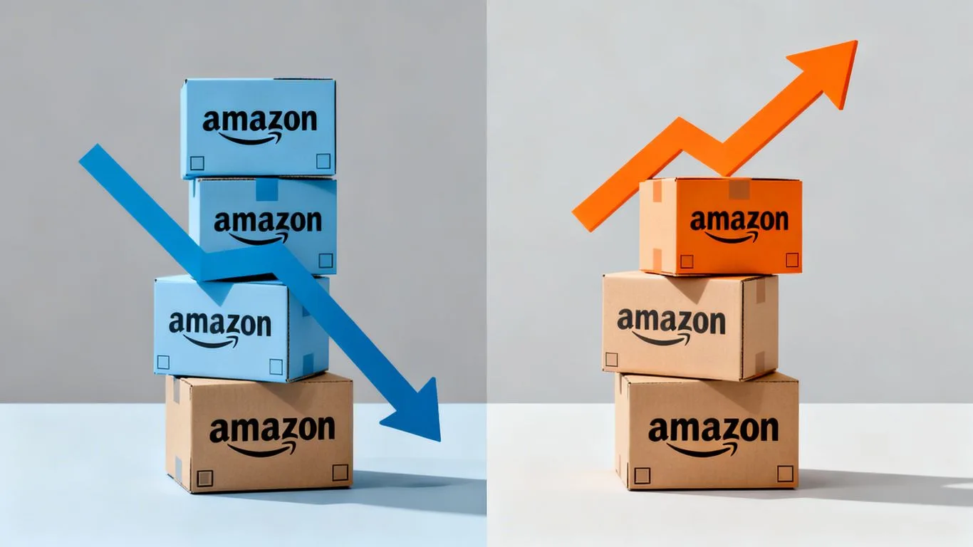 Amazon product boxes with sales trend arrows.