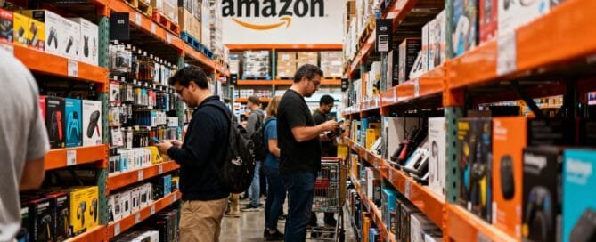 Amazon store interior with shoppers and products