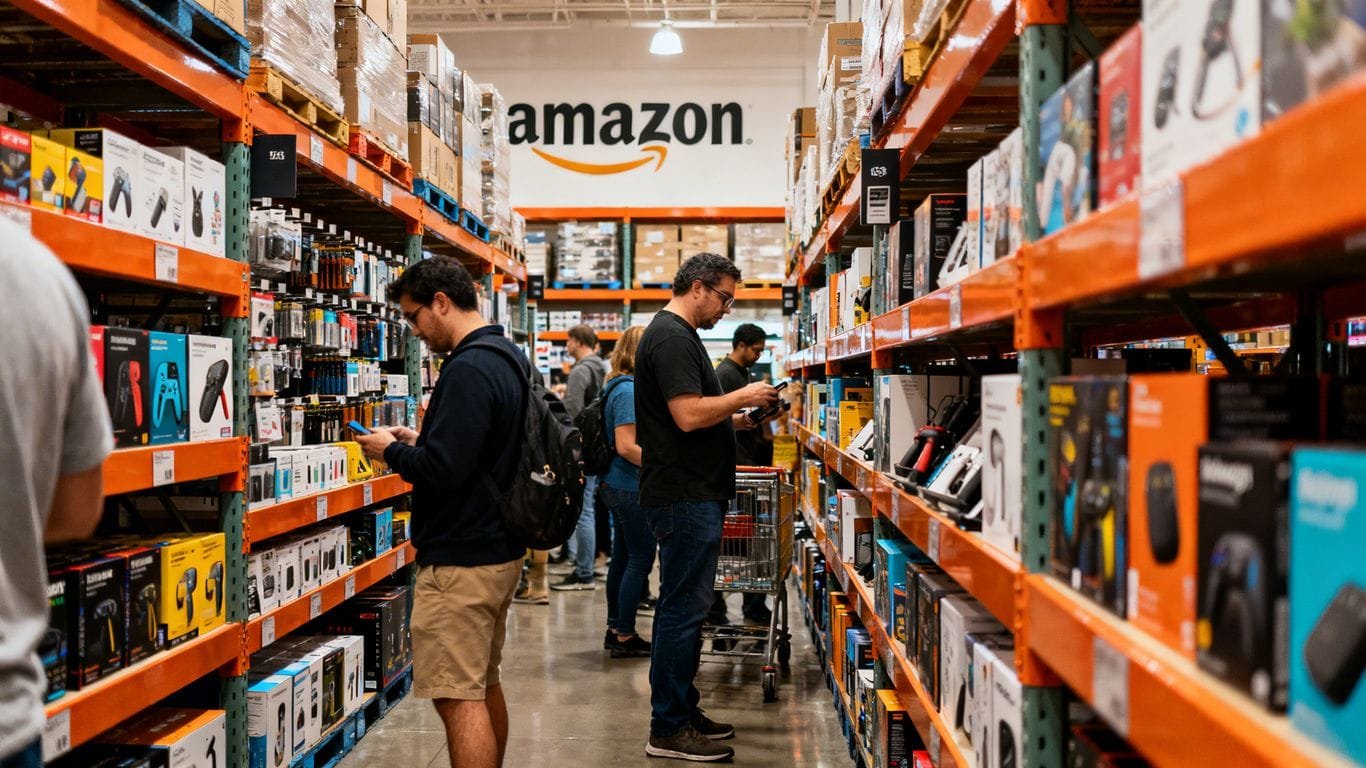 Amazon store interior with shoppers and products