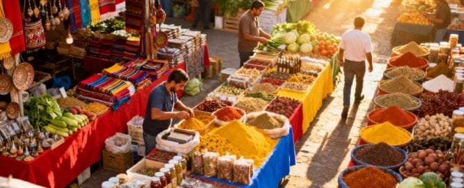 Marketplace with diverse products and sunlight.