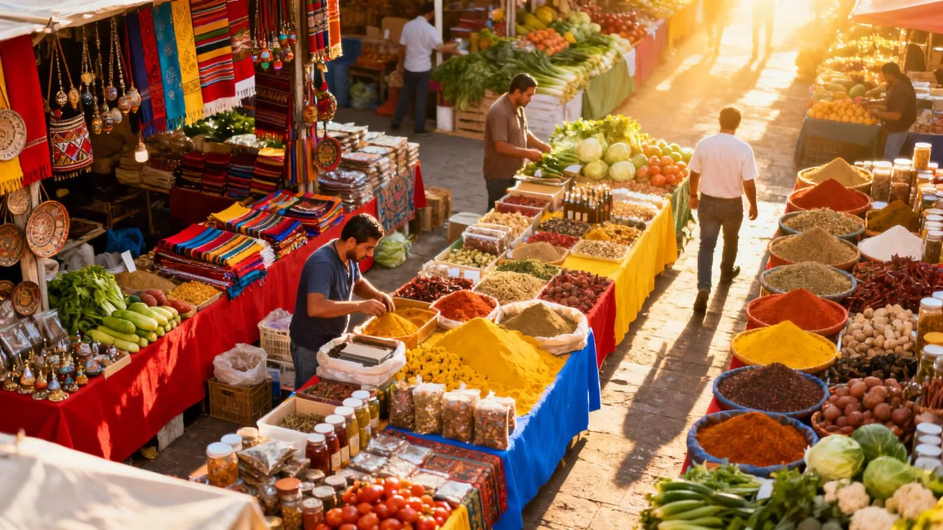 Marketplace with diverse products and sunlight.