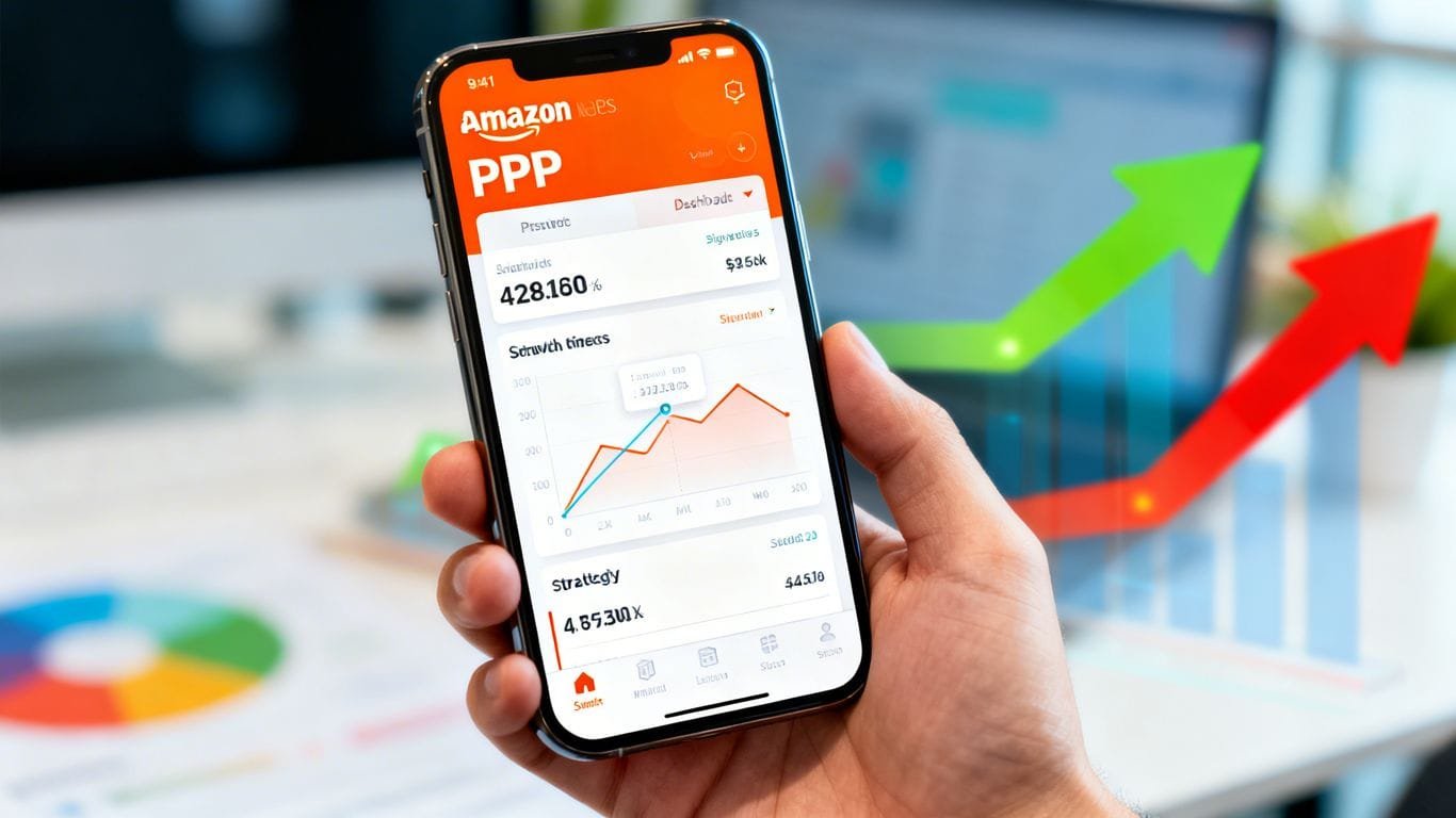 Amazon PPC dashboard on a smartphone screen.