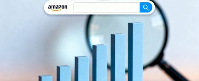 Amazon search bar with ascending bars and magnifying glass.