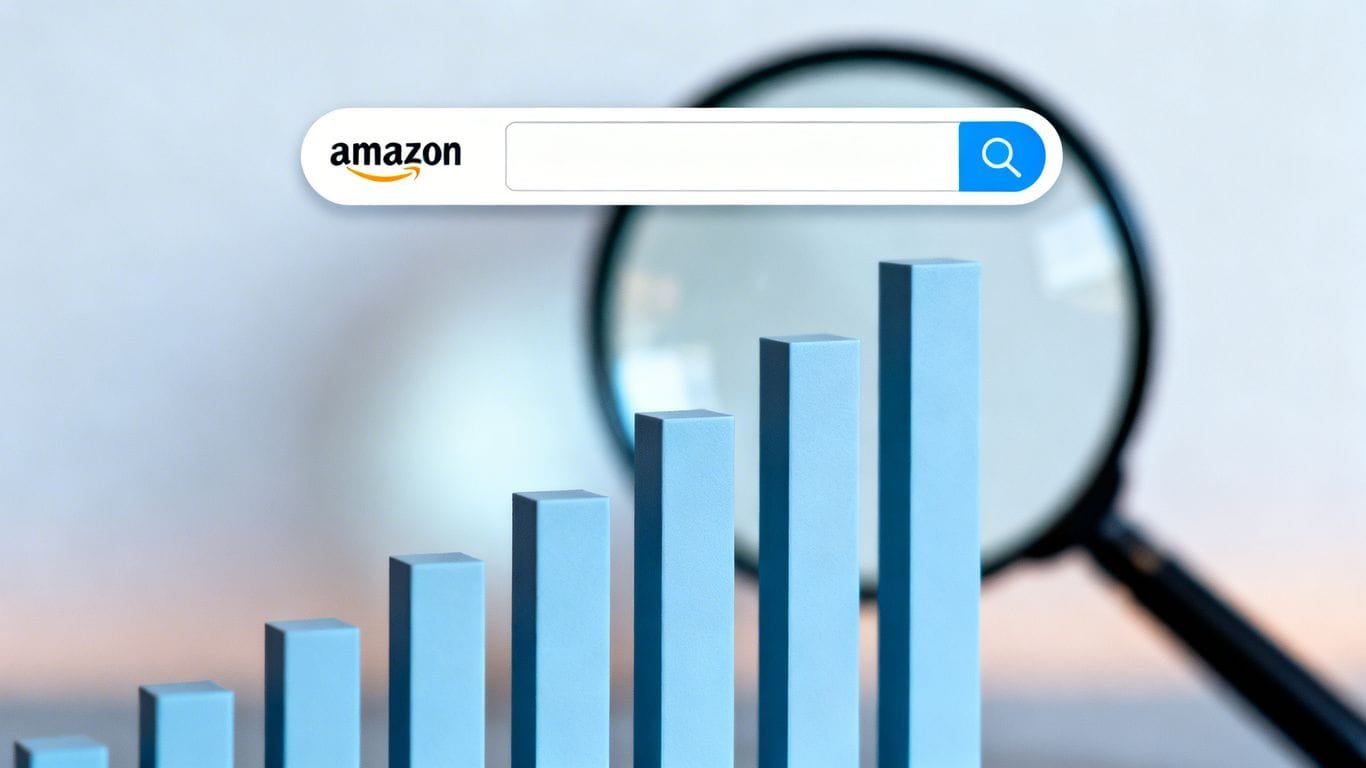 Amazon search bar with ascending bars and magnifying glass.
