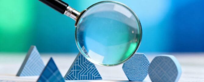 Magnifying glass over abstract shapes for Amazon keyword research.