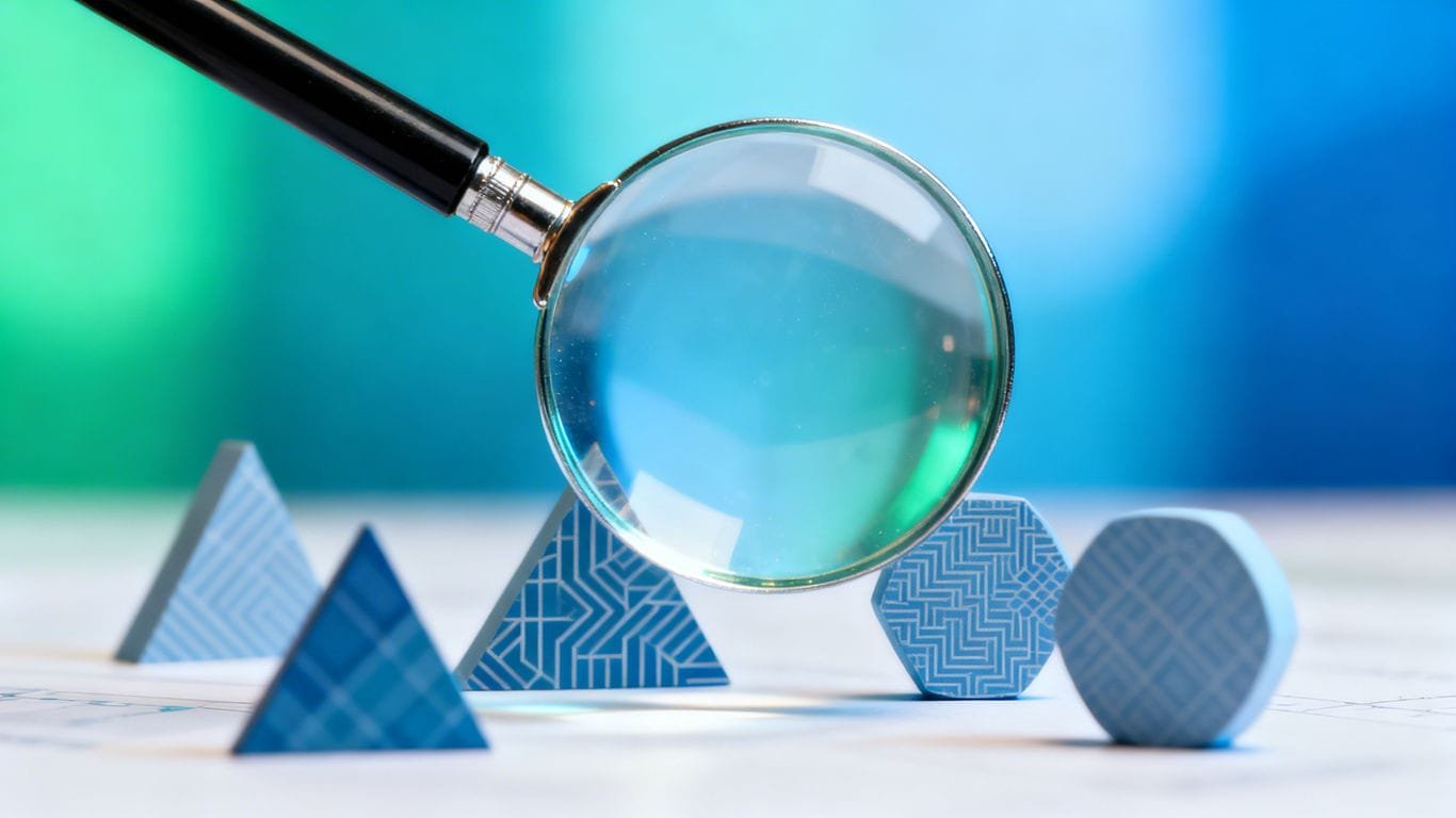 Magnifying glass over abstract shapes for Amazon keyword research.