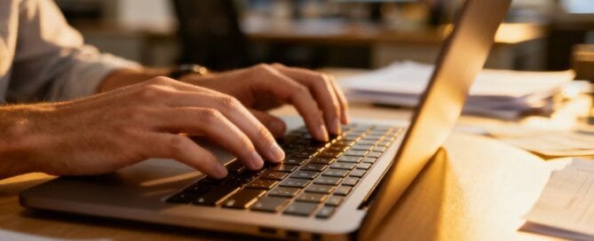 Hands typing on a laptop keyboard.